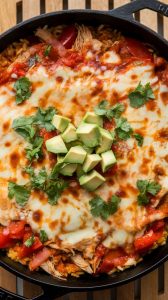 finished chicken enchilada skillet rice, filled with tender shredded chicken, fluffy rice, sautéed onions and red bell pepper, all coated in a rich enchilada sauce and diced tomatoes