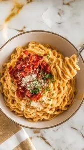 a bowl of Instant Ramen Carbonara, with thin, small noodles glistening in a creamy sauce, twirled on a fork, topped with crispy bacon bits, and finished with a fresh sprinkle of Parmesan and finely chopped parsley