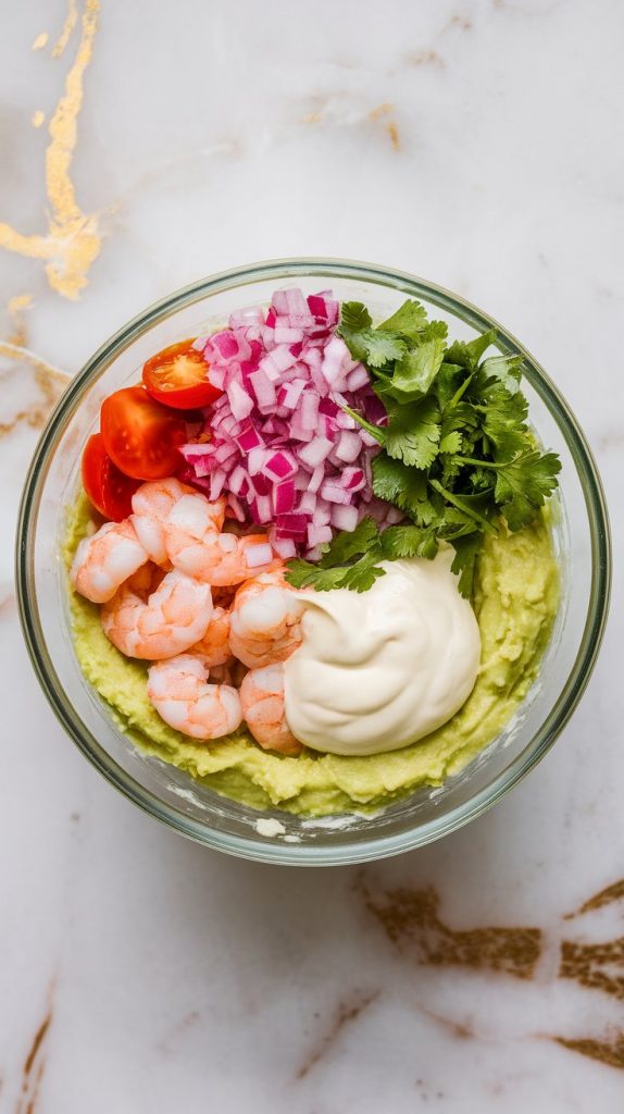 a shrimp and avocado mixture in a small glass bowl, fully combined and creamy