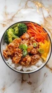 a freshly assembled Teriyaki Chicken Rice Bowl