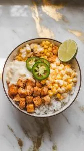 fully assembled Street Corn Chicken Rice Bowl,
