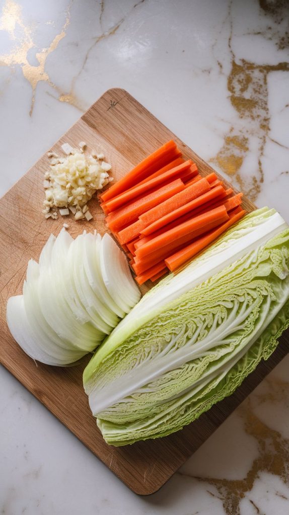 freshly sliced green cabbage, julienned carrots, and sliced onions neatly arranged on a wooden cutting board
