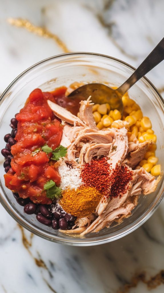 a glass bowl filled with shredded chicken, salsa, black beans, corn, and taco spices, with a spoon stirring everything together