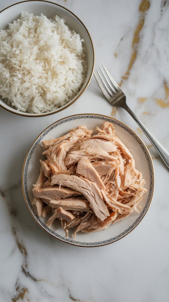 freshly cooked white rice in a bowl, and a plate of tender shredded chicken