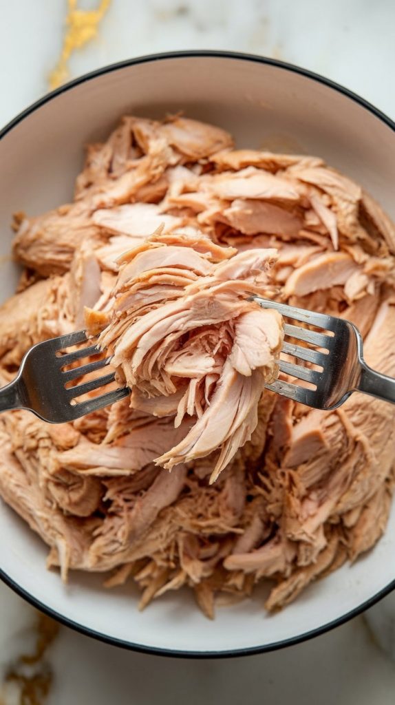 freshly shredded chicken being pulled apart by two forks
