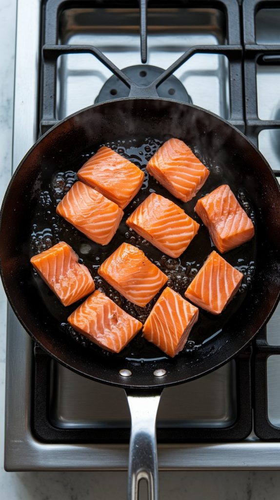 salmon cubes sizzling in a non-stick skillet, turning golden and slightly crispy on the edges