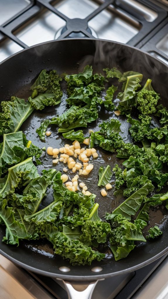 chopped kale being sautéed in a large skillet with olive oil and minced garlic, with steam rising and vibrant green leaves glistening