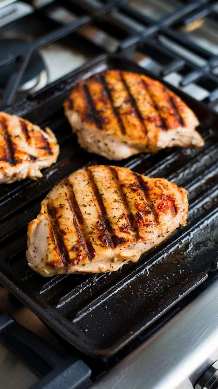 grilled seasoned chicken breasts with golden-brown grill marks sizzling on a grill pan on a modern stainless steel gas stove