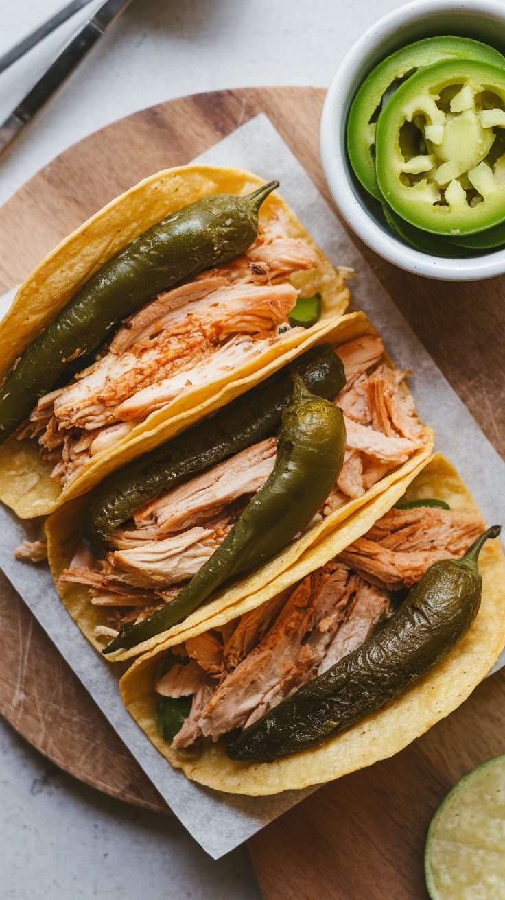 Crispy Poblano Chicken Tacos with shredded chicken and jalapeños