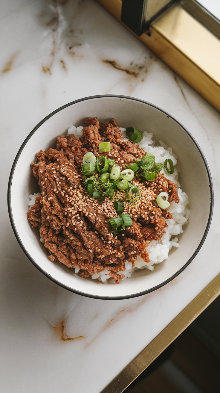 A bowl of Korean crispy ground beef served over rice, garnished with green onions and sesame seeds.