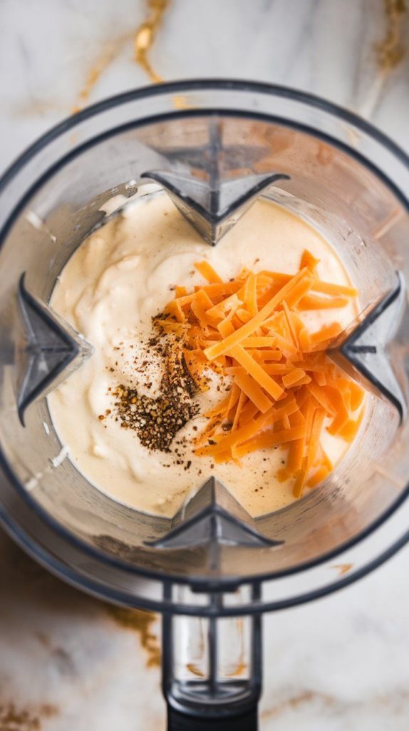 a blender cup filled with cottage cheese, milk, shredded cheddar, Parmesan, and seasonings being blended into a creamy, smooth cheese sauce.
