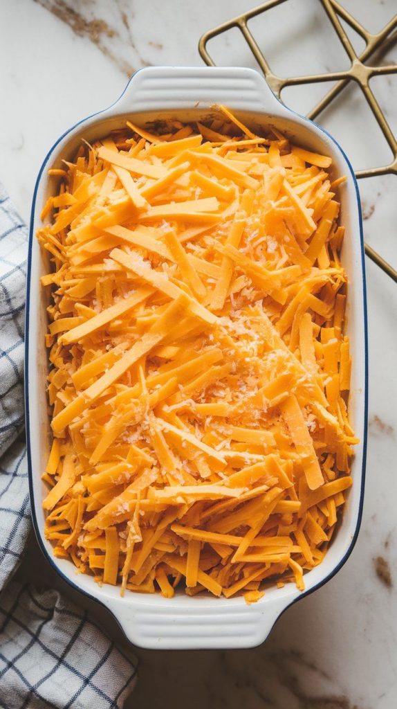 shredded cheddar cheese and Parmesan being sprinkled over the casserole mixture in a baking dish.
