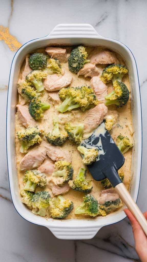 a baking dish filled with the creamy chicken and broccoli mixture, spread evenly with a spatula.