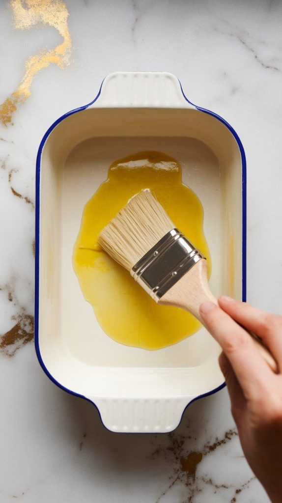 baking dish being greased with olive oil using a pastry brush. The dish is clean and ready for the casserole mixture