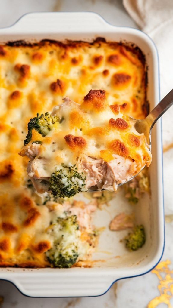 a spoon scooping out a portion of creamy, cheesy cottage cheese & broccoli chicken casserole, with gooey melted cheese stretching from the dish