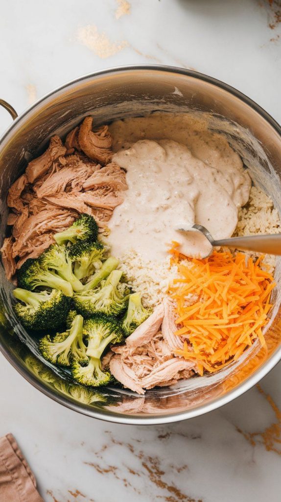 large mixing bowl filled with shredded chicken, cooked broccoli, cottage cheese sauce, cooked rice, and cheddar cheese being stirred together.
