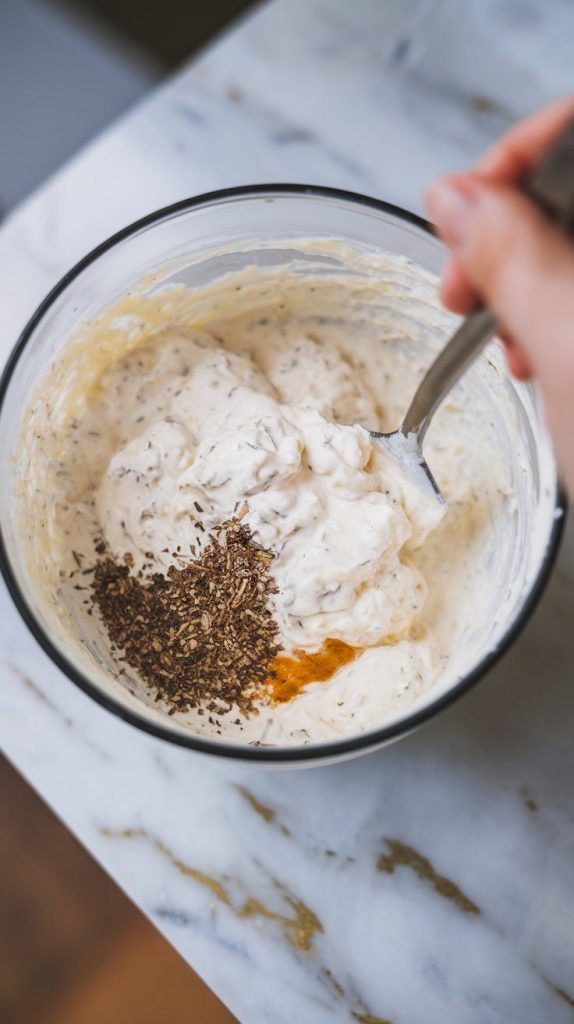 a mixing bowl with cottage cheese, Greek yogurt, and seasonings being stirred together with a spoon.