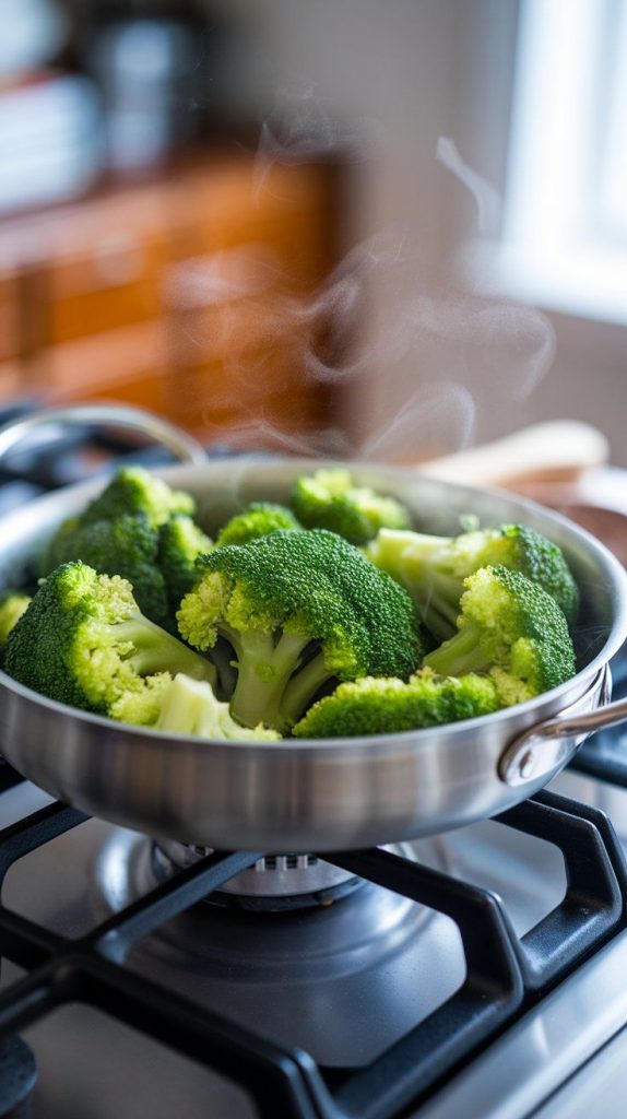 bright green broccoli florets steaming in a pan, with light steam rising.