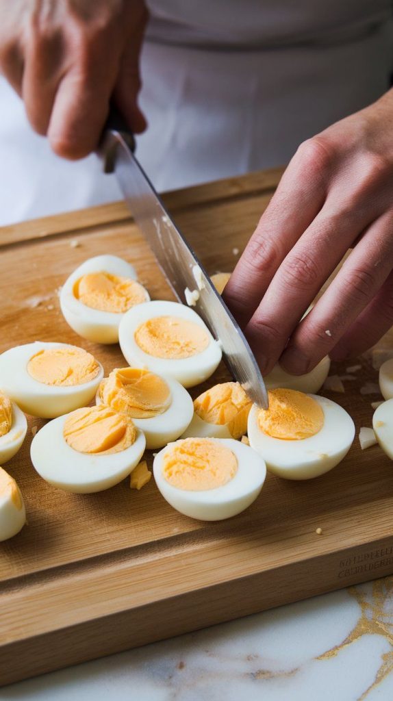 two hard-boiled eggs being chopped on a wooden cutting board. The yolks are bright yellow, and the whites are firm.