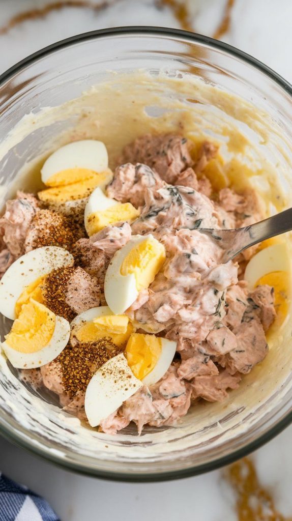 a mixing bowl filled with tuna, cottage cheese, chopped eggs, and seasonings being stirred together with a spoon