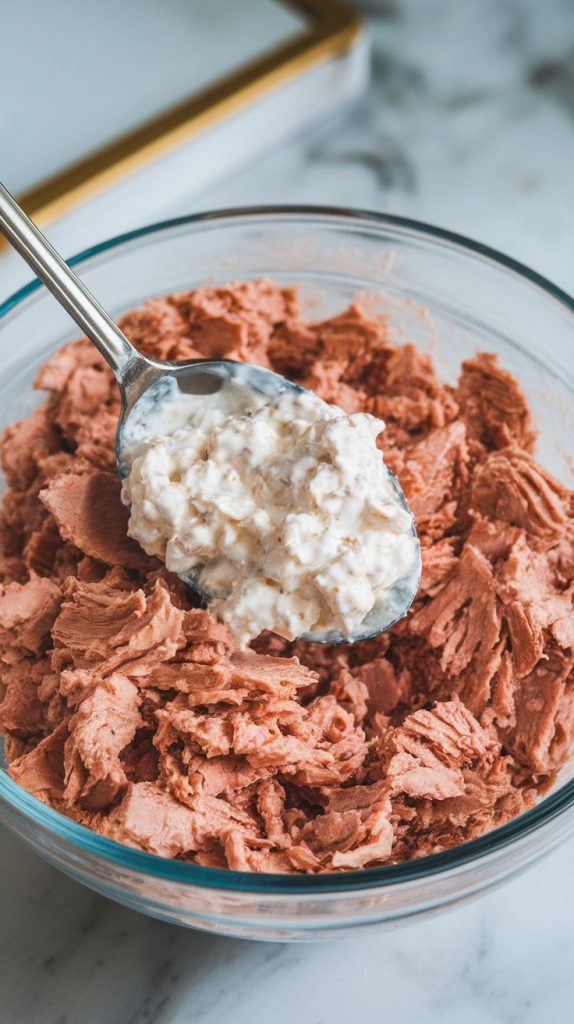 a spoon mixing creamy cottage cheese into the flaked tuna in a bowl. The texture is slightly lumpy, with the tuna fully coated.