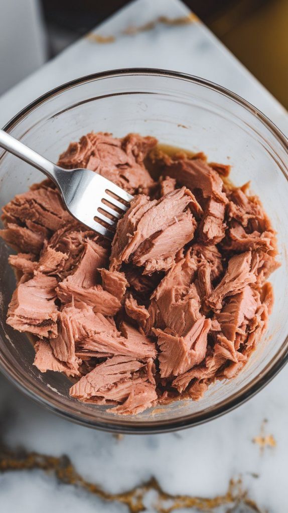 a mixing bowl with flaky, drained tuna being mashed lightly with a fork. The tuna looks moist but not watery, with small, bite-sized chunks.