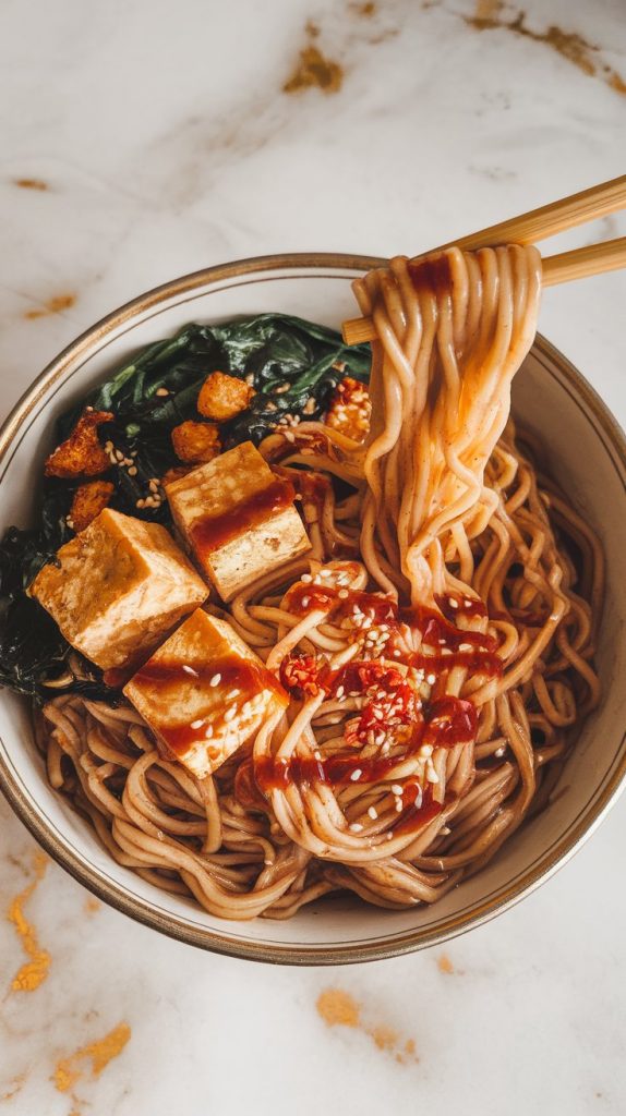 a bowl filled with thin, small, glossy rice noodles, coated in chili crunch sauce