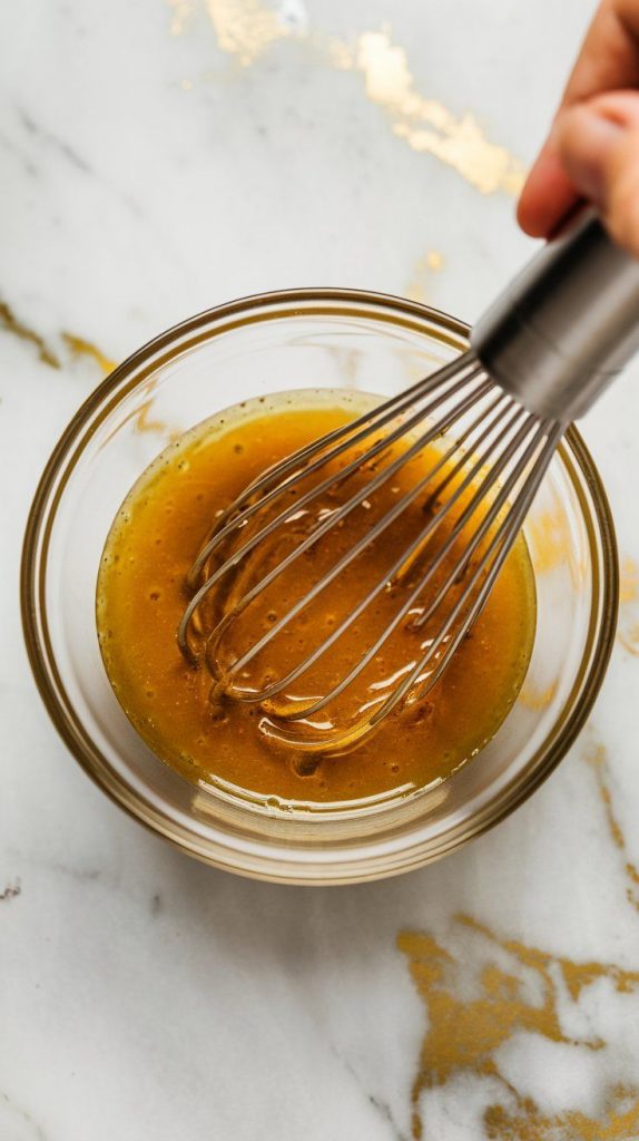 honey, lime juice, olive oil, and Dijon mustard being whisked into a golden dressing in a small glass bowl.