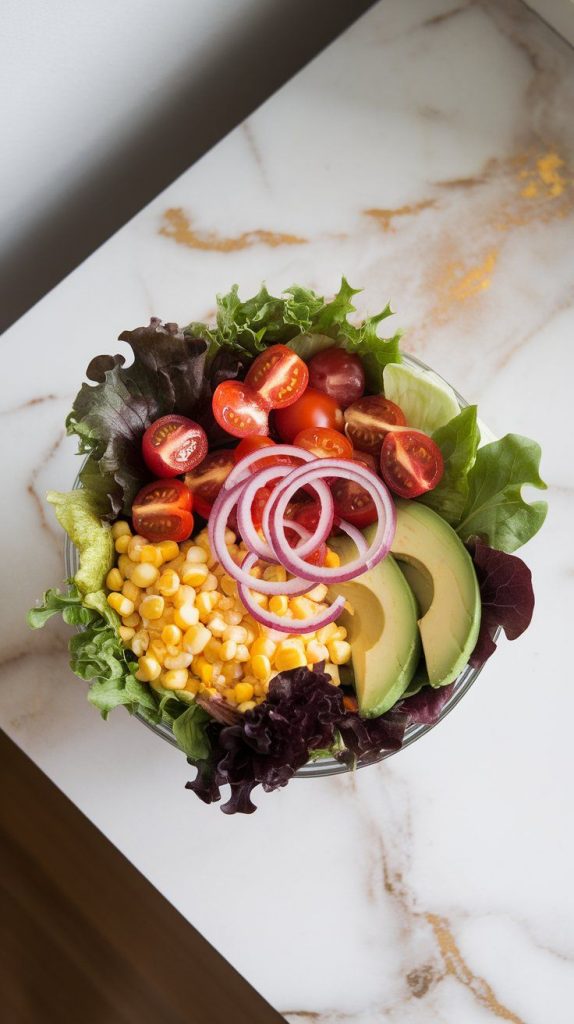 a salad bowl filled with fresh mixed greens, halved cherry tomatoes, avocado slices, corn kernels, and red onion rings.