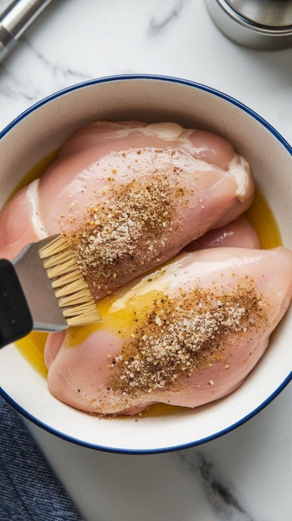 raw chicken breasts being brushed with olive oil and sprinkled with garlic powder, salt, and pepper