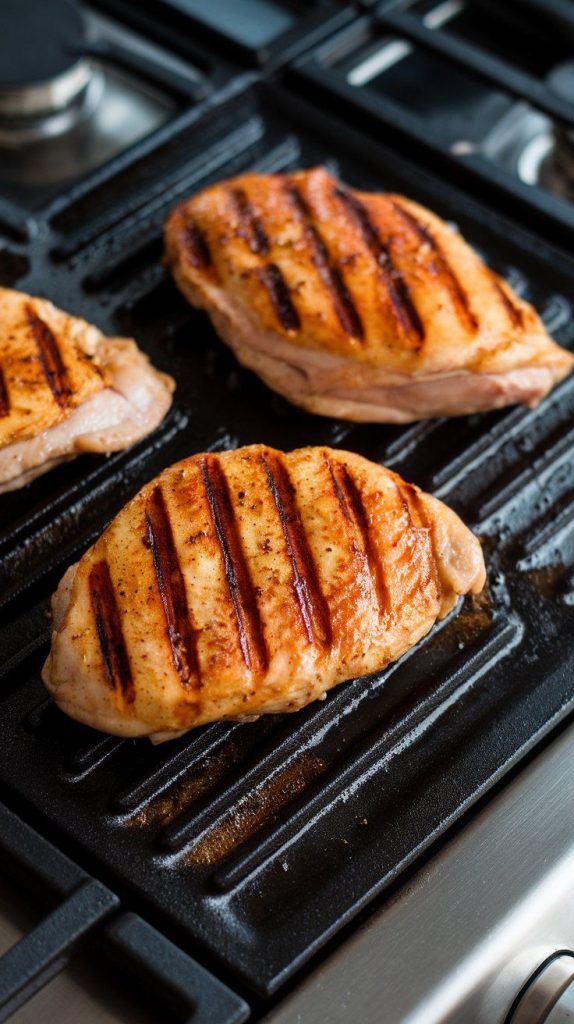 chicken breasts sizzling on a grill pan with visible grill marks forming. Juices are bubbling slightly on the surface.