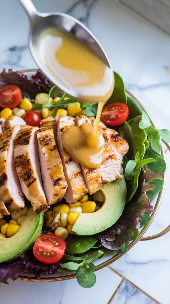 grilled chicken slices placed on top of a colorful salad, with honey lime dressing being drizzled from a spoon.