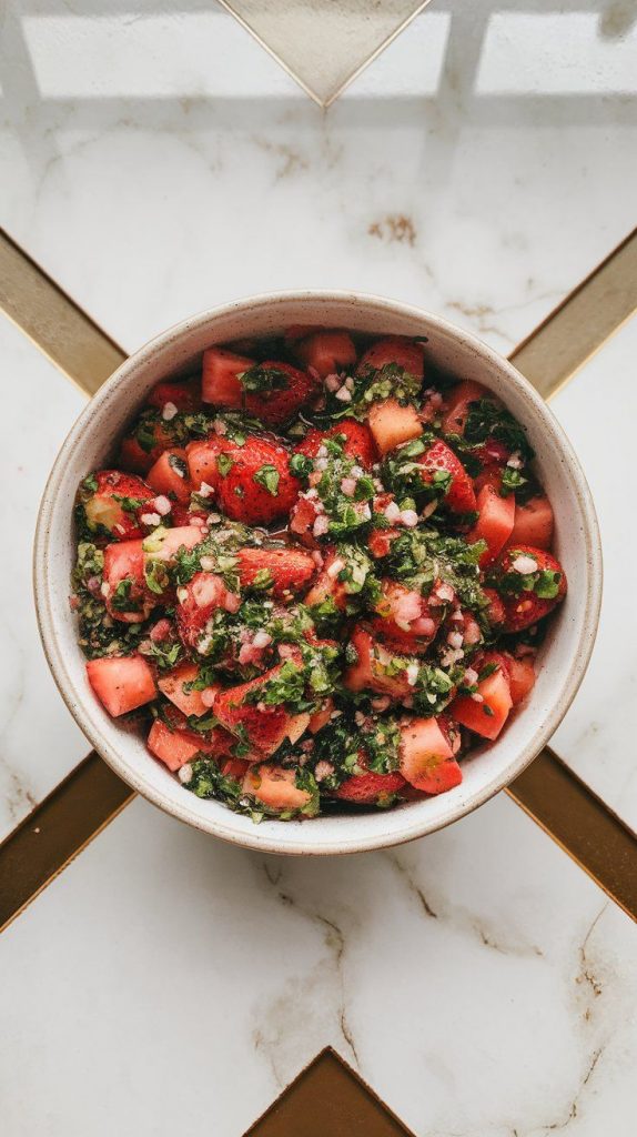fresh strawberry chimichurri in a bowl, showing finely diced strawberries, chopped herbs, garlic, and olive oil being mixed.