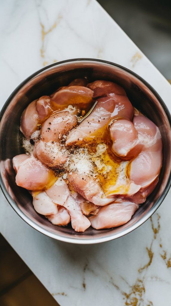  raw chicken chunks in a bowl being tossed with olive oil, garlic powder, salt, and pepper. 