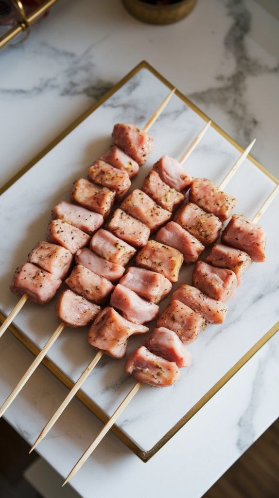 wooden skewers with raw seasoned chicken chunks threaded on evenly, ready for grilling