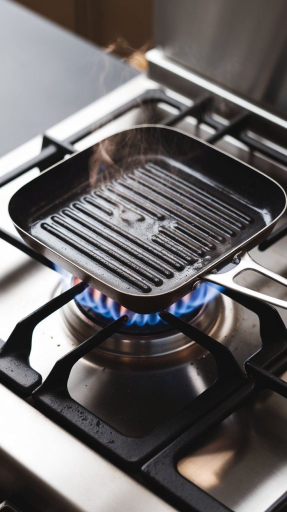 grill pan heating over a flame, lightly oiled and steaming slightly. Modern stainless steel gas stove.