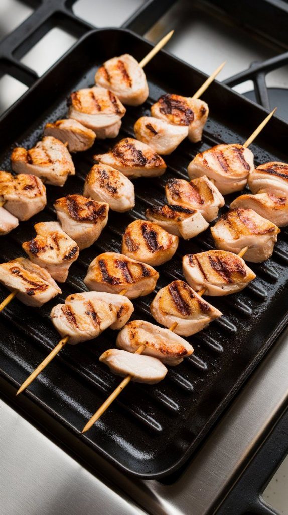 chicken skewers sizzling on a grill pan, with golden grill marks forming and edges starting to crisp