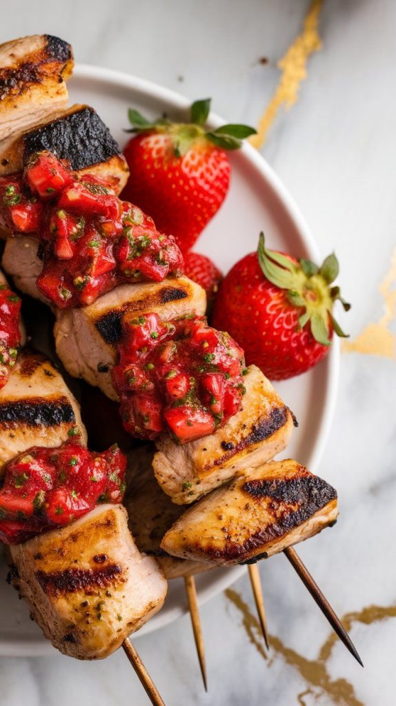 f grilled chicken skewers on a white plate with strawberry chimichurri spooned over the top.