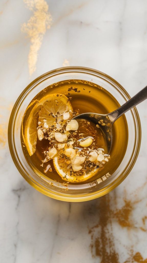 olive oil, lemon juice, lemon zest, and minced garlic being stirred into a golden marinade in a small bowl