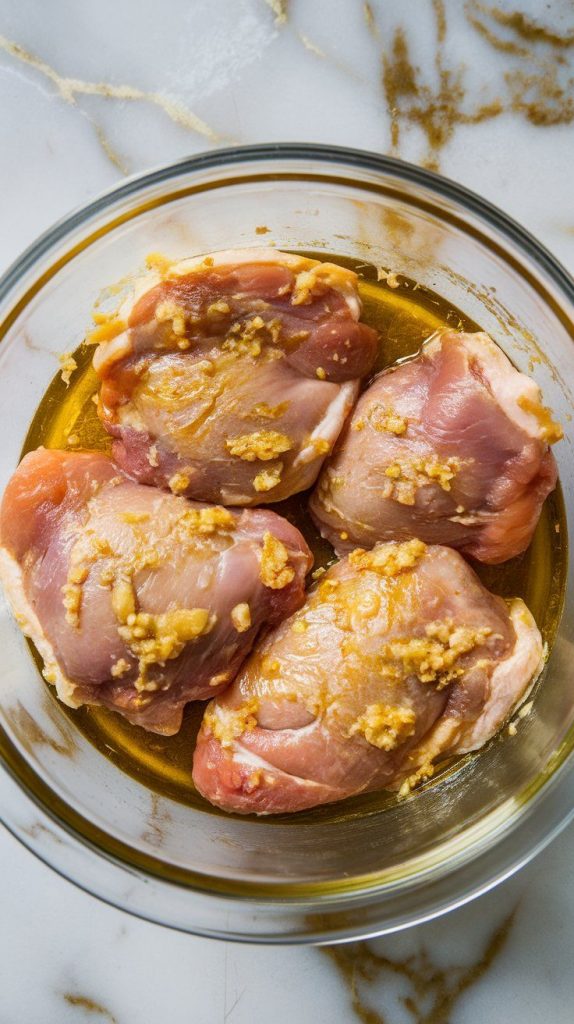 raw chicken thighs coated in lemon garlic marinade inside a glass bowl, with visible garlic and oil clinging to the meat.