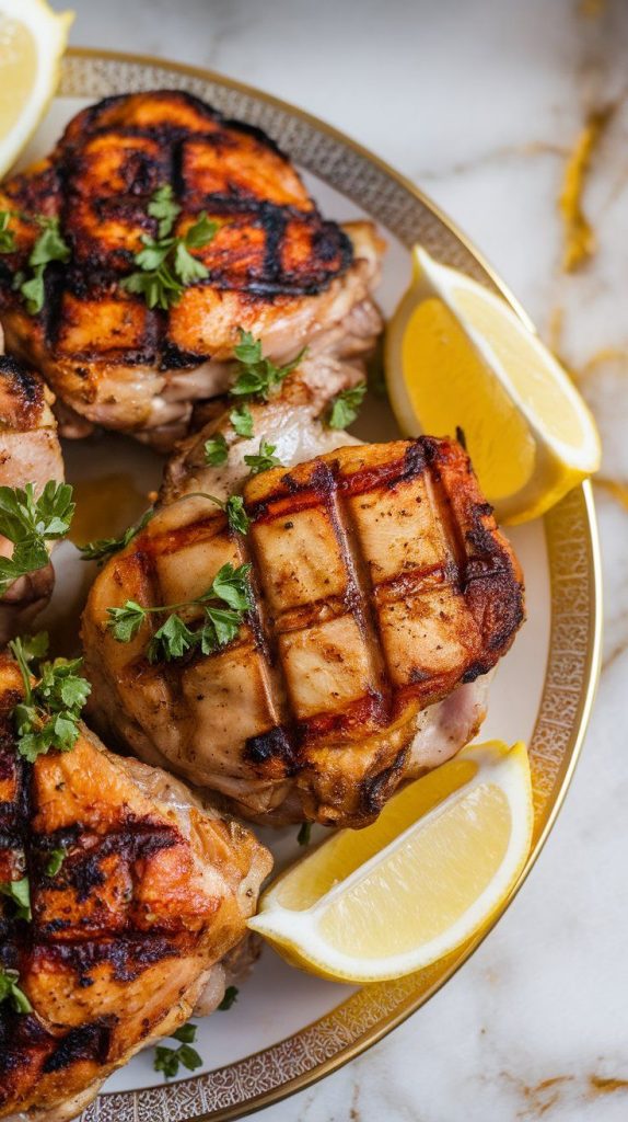 grilled chicken thighs resting on a wooden cutting board, with fresh parsley and lemon wedges on the side.