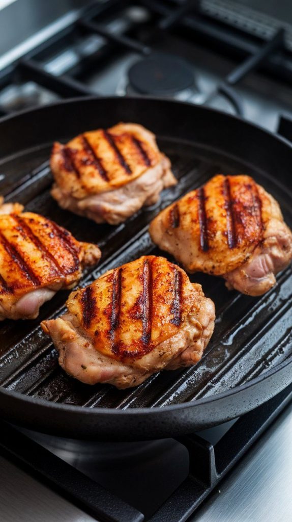 chicken thighs sizzling on a grill pan, with golden-brown grill marks forming and marinade caramelizing on the edges.
