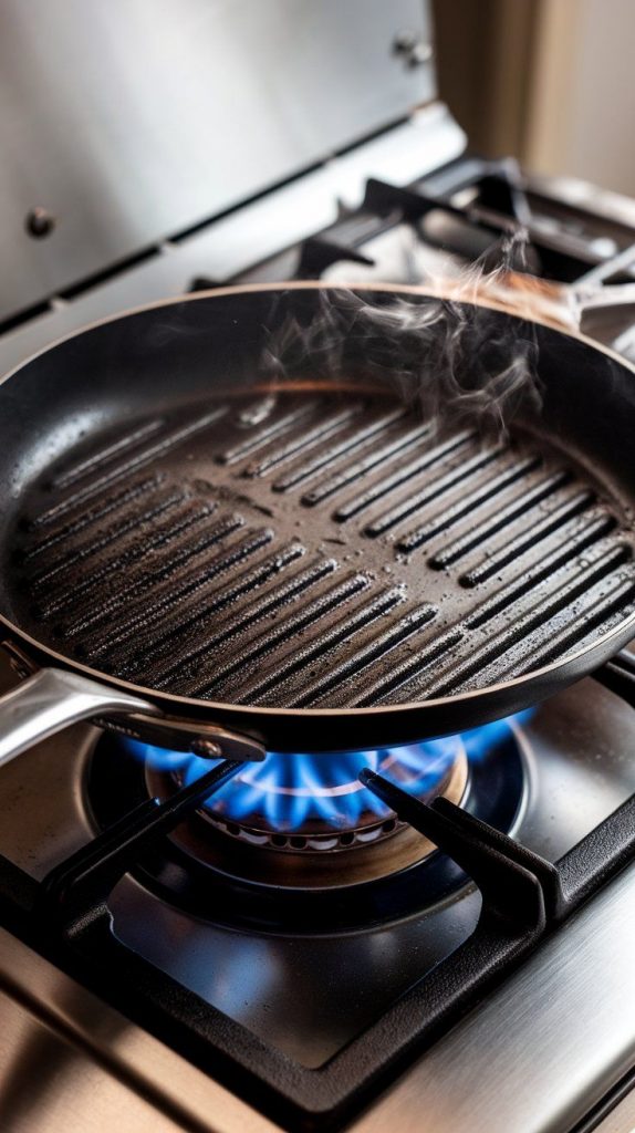f a grill pan heating up over a gas flame, lightly oiled and steaming slightly. Modern stainless steel gas stove