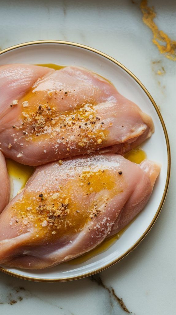 aw chicken breasts on a plate being rubbed with olive oil and sprinkled with garlic powder, salt, and pepper.