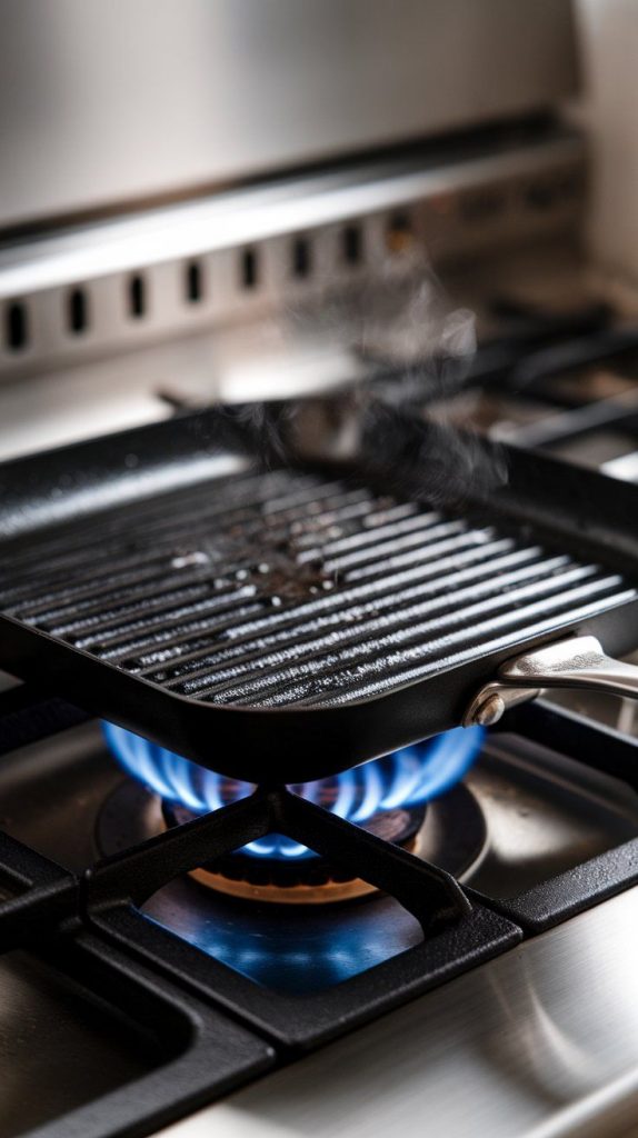 a grill pan heating up over a gas flame, lightly brushed with oil and slightly steaming. Modern stainless steel gas stove.
