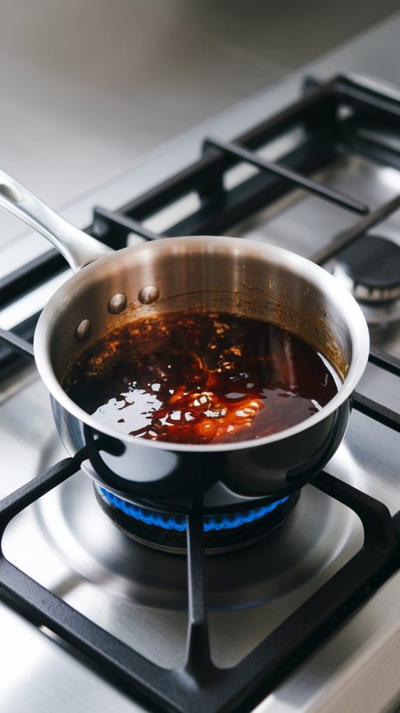 a small saucepan with balsamic vinegar, honey, and Dijon mustard bubbling gently as it reduces into a glaze.