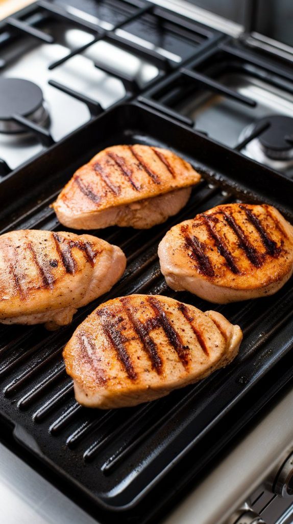 chicken breasts sizzling on a grill pan, with golden grill marks forming and a slightly charred edge.