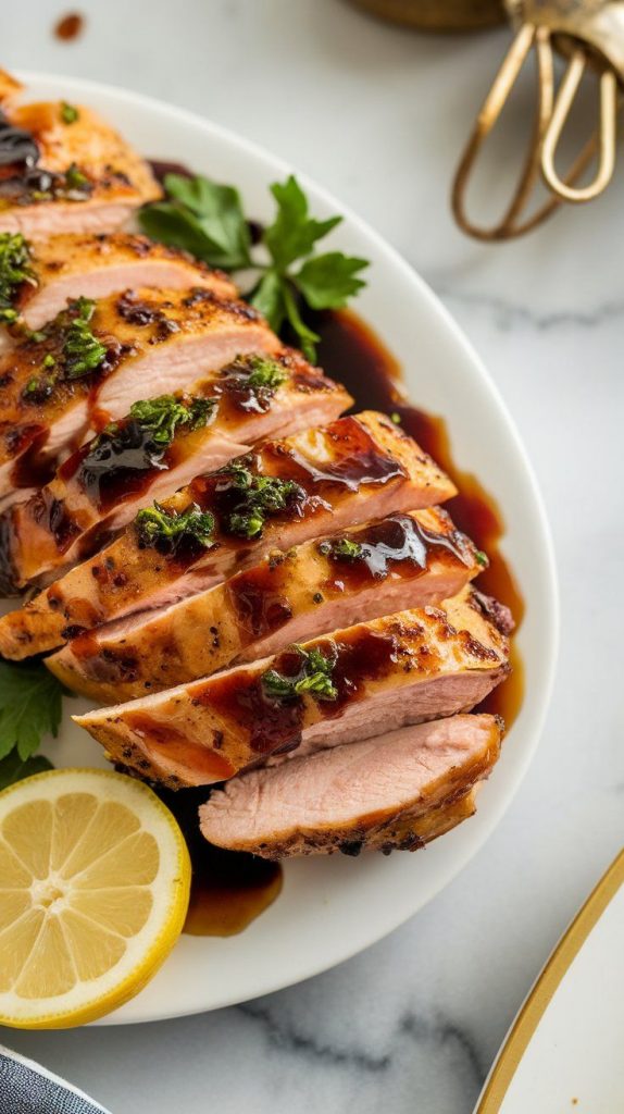sliced grilled chicken with thick balsamic glaze drizzled over, served on a white plate with a sprinkle of parsley and lemon wedge on the side