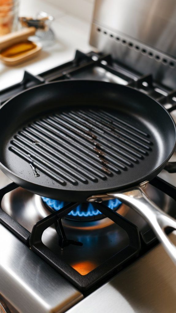 grill pan preheating over a gas flame, lightly brushed with oil. The surface is starting to shimmer from the heat.
