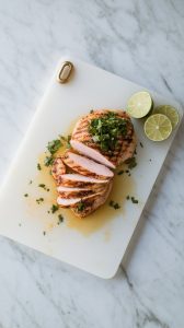 grilled chicken resting on a cutting board with juices glistening, sliced partially with a knife.